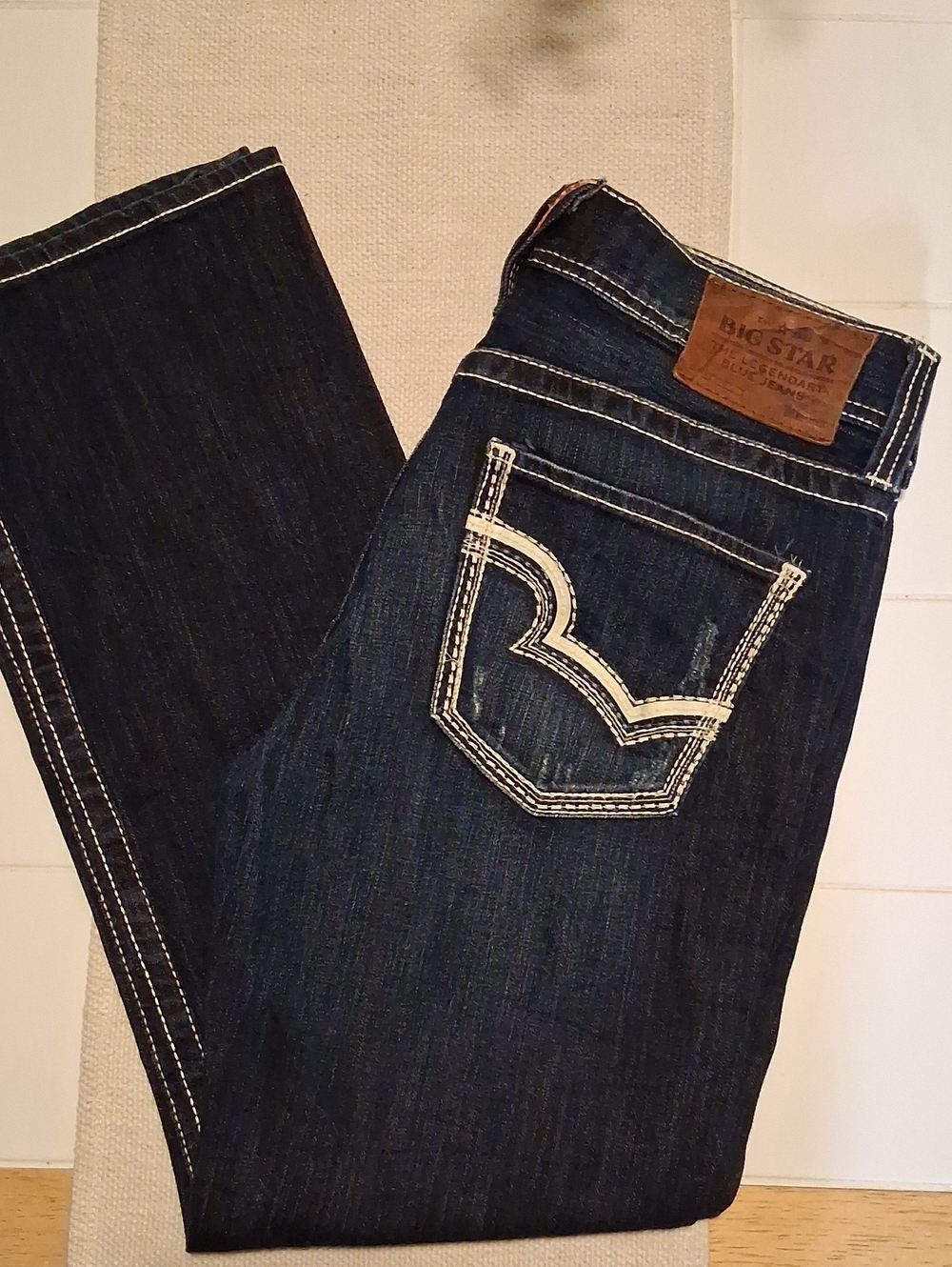 NWOT MENS BIG STAR STYLE UNION STRAIGHT LEG DENIM JEANS SIZE 34S W/CREAM STITCH